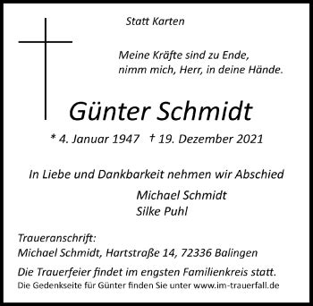 Traueranzeigen von Günter Schmidt WirTrauern