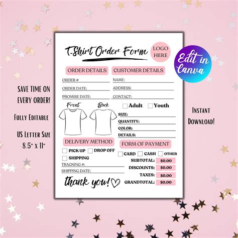 Editable T Shirt Order Forms Custom Shirt Order Form Canva Template For