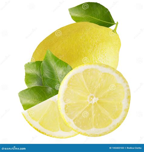 One Whole Lemon With Slices And Leaves Isolated On White Stock Image