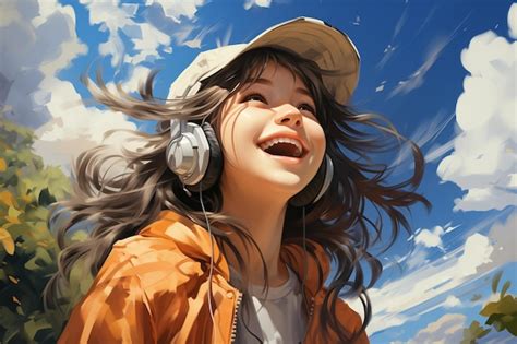 Premium AI Image | Happy modern anime girl smiling with clouds digital ...