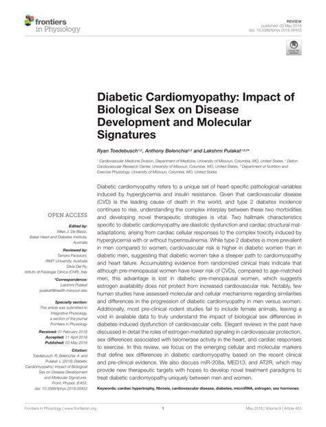 PDF Diabetic Cardiomyopathy Impact Of Biological Sex On Disease Development And Molecular