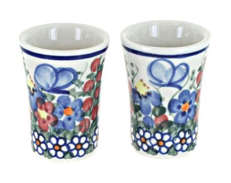 Blue Rose Polish Pottery Garden Butterfly Pc Shooter Shot Glass Set