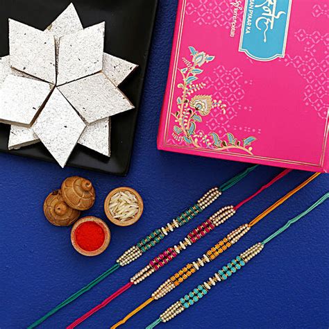 Pearl Designer Rakhi Set And Kaju Katli Exp Uk Gift Pearl Designer