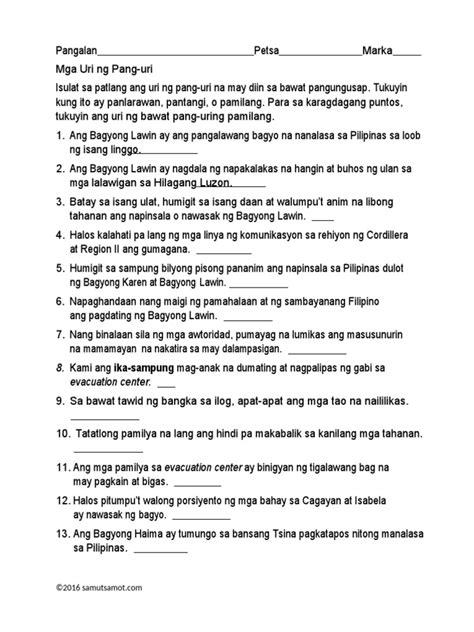 Mga Uri NG Pang Uri Worksheet 1 | PDF