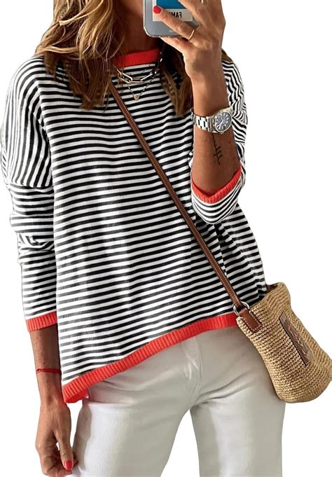 Dokotoo Sweaters For Women Casual Long Sleeve Crewneck Striped Color