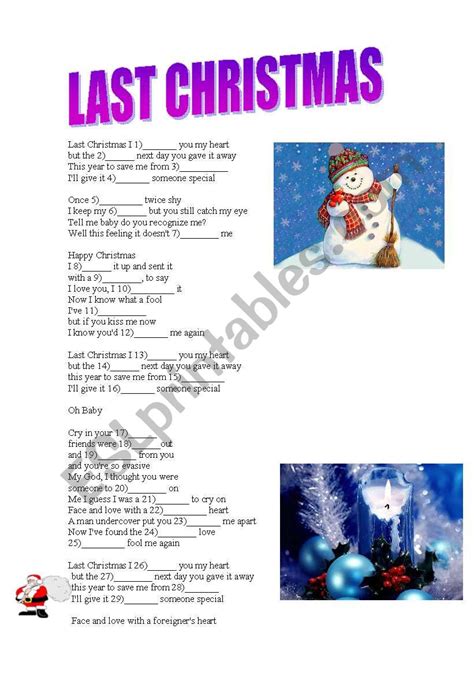 Last Christmas Esl Worksheet By Yanishka