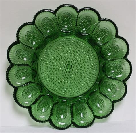 Vintage Green Indiana Olive Glass Deviled Egg Plate Platter