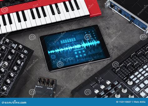 Instrumentos Y Tableta De M Sica Con El App De La Grabaci N Imagen De