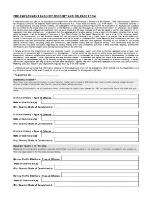 Fillable Online Uab PRE EMPLOYMENT INQUIRY CONSENT AND RELEASE FORM