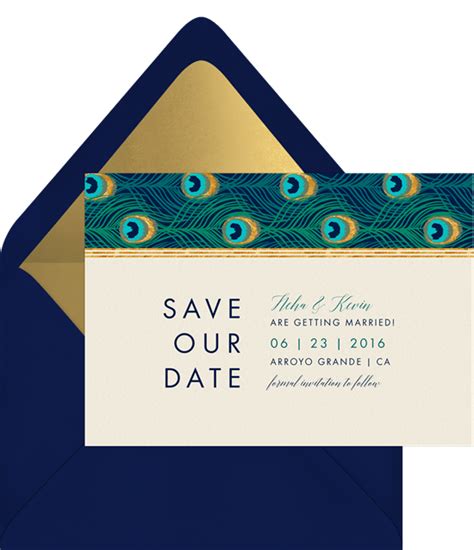 Peacock Frame Save The Dates in Green | Greenvelope.com