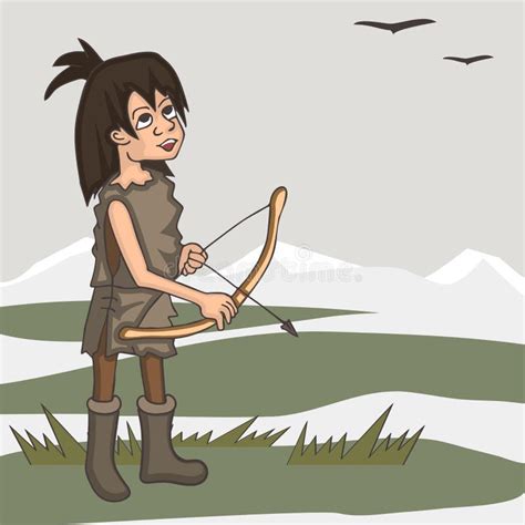 Ice Age Hunter With Bow And Arrow Vector Cartoon Stock Vector