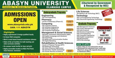 Abasyn University Islamabad Admissions 2024 Form Last