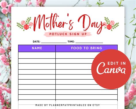 Mothers Day Potluck Sign Up Sheet Printable For Mothers Day Potluck