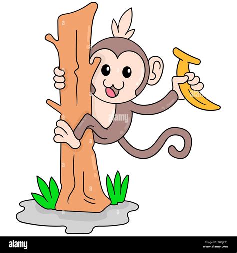 a cute monkey boy climbing a tree trunk picking up a banana Stock Vector Image & Art - Alamy