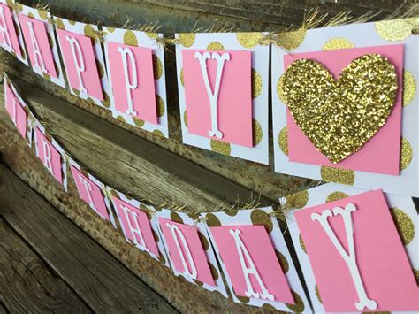 Pink and Gold Happy Birthday Banner Gold Polka Dots Banner | Etsy