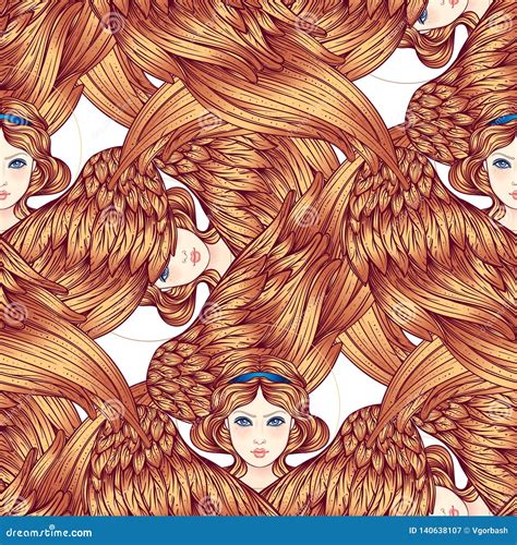 Seraph Six Winged Angel Seamless Pattern Color Hand Drawn