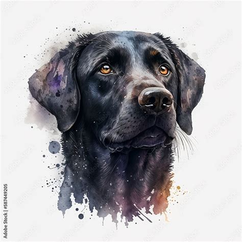 black dog illustration with light watercolor on white background ...