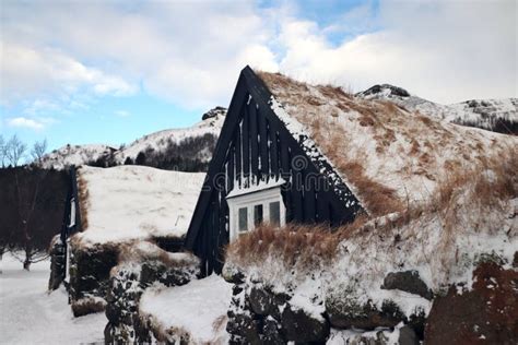 Icelandic Turf Houses in Winter Stock Image - Image of house, hills ...