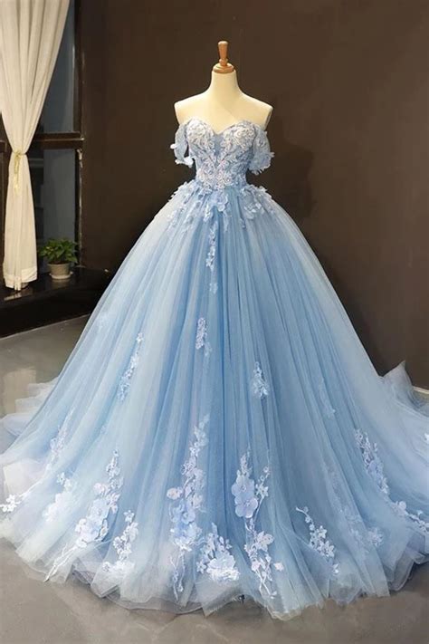 Vestido De Fiesta De Tul Con Hombros Descubiertos En Azul Cielo Celeste