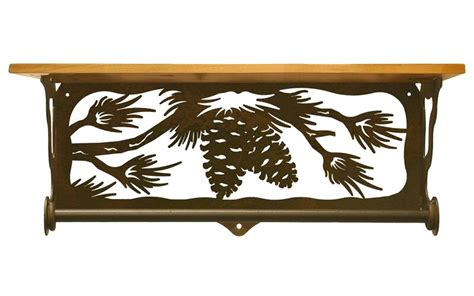 20 Pine Cone Branch Metal Towel Bar With Pine Wood Top Wall Shelf