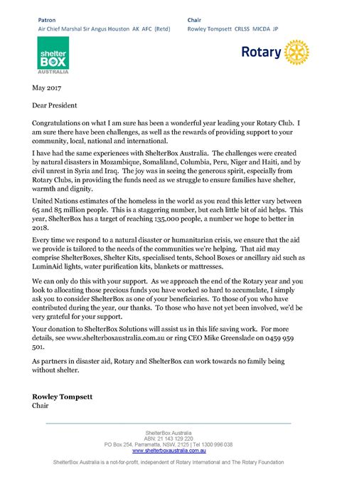 Letter From Shelterbox Chair Rowley Tompsett Rotary Club Of North Ryde