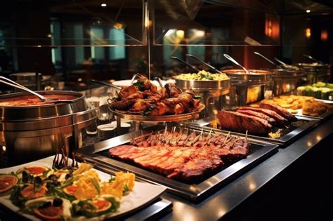 Catering Buffet Food Indoor In Restaurant With Grilled Meat Premium