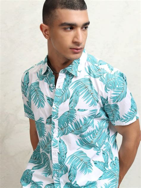 Mint White Slim Fit Cotton Printed Short Sleeves Shirt