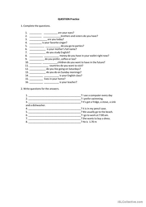 Wh Question Practice General Gramma English Esl Worksheets Pdf And Doc