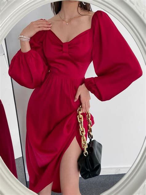 Shein Modely Sweetheart Neck Lantern Sleeve Satin Dress For Sale