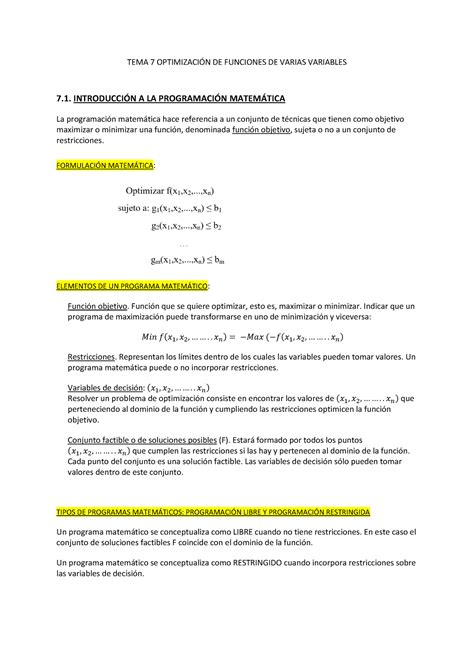 Tema Teor A Optimizaci N Tema Optimizacin De Funciones De Varias