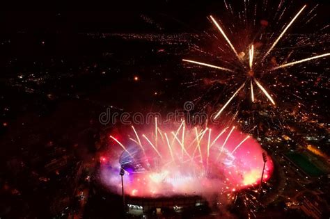 Aerial Shoot Of The Toumba Stadium With Fireworks Editorial Stock Photo