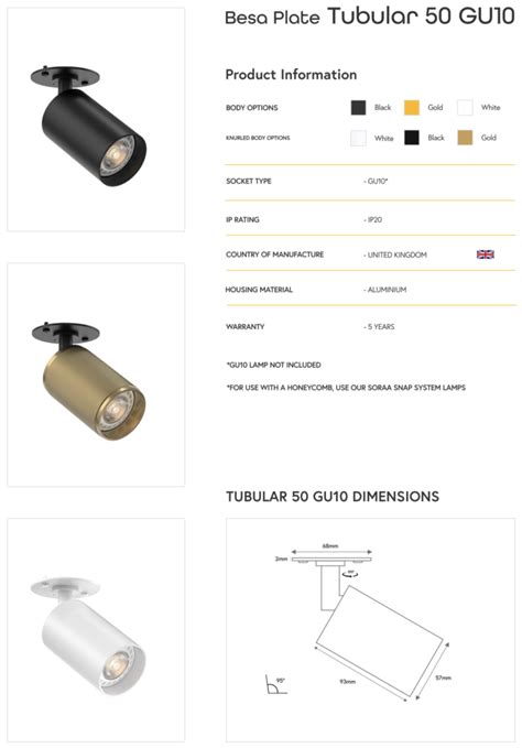 Tubular 50 GU10 Besa Plate Spotlight Sera Technologies Ltd