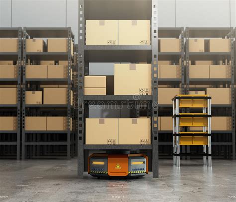 Robots Oranges Portant Des Palettes Avec Des Marchandises Dans L