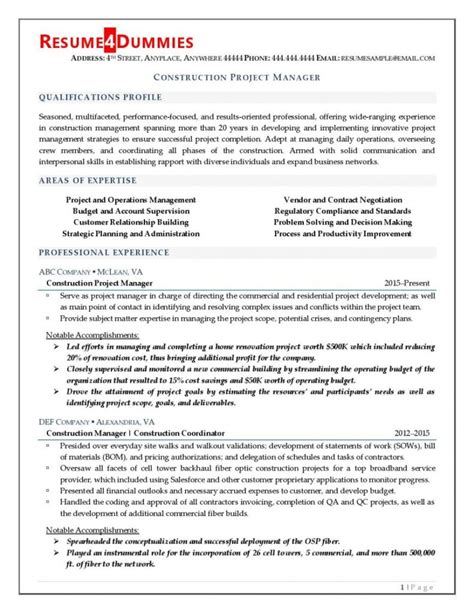 Construction Project Manager Resume Example Resume4dummies