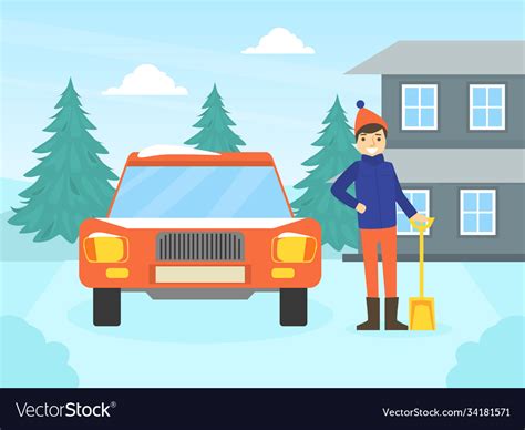 Man Cleaning His Car Out Snow Winter Outdoor Vector Image