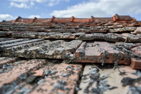 Ldriga Tegelpannor P Gammalt Hus I By P Bl Molnig Himmel Arkivfoto