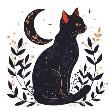 Black Cat With Plants Moon Stars Boho Mystical Celestial Clipart Cat