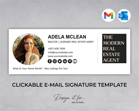 Clickable Email Signature Template, Gmail Outlook E-mail Signature, Html Clickable Links, Social ...