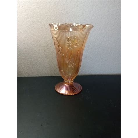 1960s Jeannette Iris And Herringbone Marigold Carnival Glass Pedestal Vase Chairish