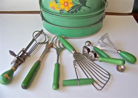 Vintage Kitchen Utensils Green Wood Handles