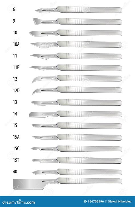 Set Of Surgical Scalpels With Detachable Blades Of Different Shapes