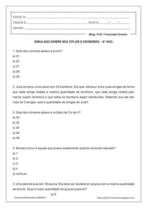 Simulado de Múltiplos e Divisores 6º ano Multiplos e divisores