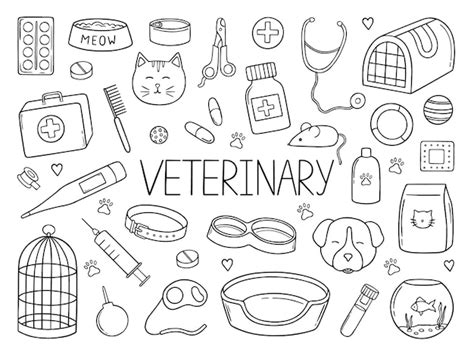 Conjunto Dibujado A Mano De Doodle Veterinario De Mascotas Vector Premium