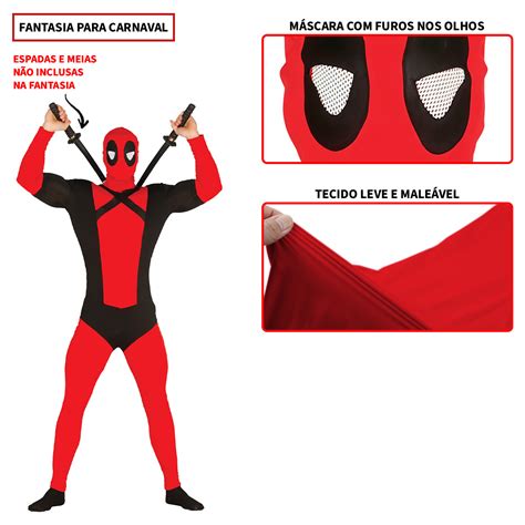 Fantasia Deadpool - Fantasia Deadpool Adulto Cosplay de Luxo Realista com Máscara!