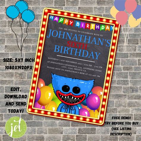 Huggy Wuggy Birthday Invitation Card Printable Huggy Wuggy Etsy