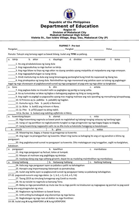 Pre Test In Filipino Docx Department Of Education Region Vii Hot Sex