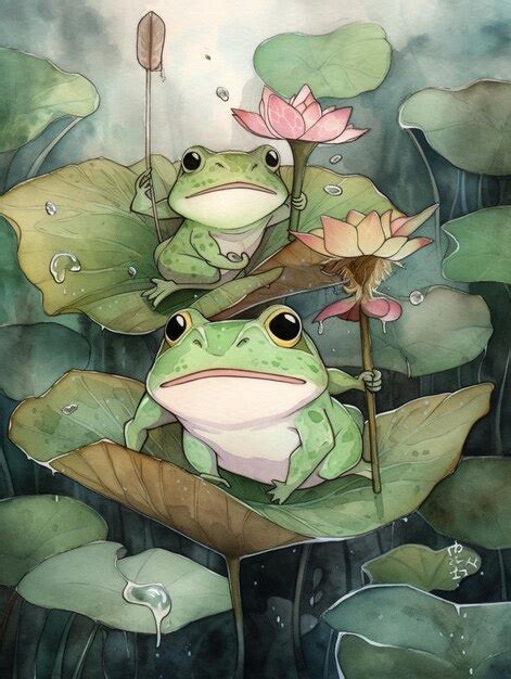 Premium AI Image There Are Two Frogs Sitting On A Leaf With A Flower