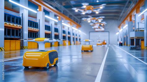 Futuristic Automated Warehouse With Autonomous Delivery Robots And