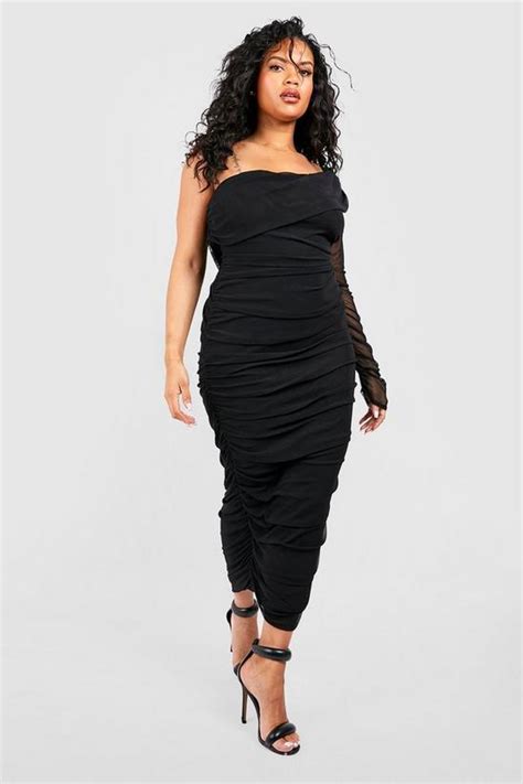 Dresses Plus Mesh One Shoulder Ruched Midi Dress Boohoo