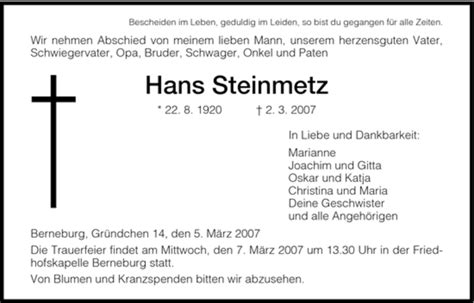 Traueranzeigen Von Hans Steinmetz Trauer Hna De